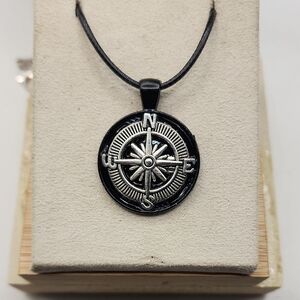 Black and Silver Compass Pendant Necklace